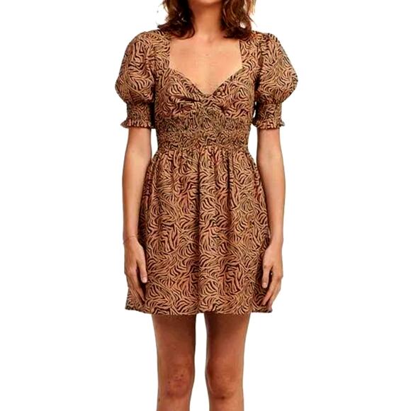 Charlie Holiday Whitney Smocked Puff Sleeve Minidress Abstract Animal Print Sz 4 - Picture 1 of 9